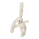 Soft white plush rabbit rattle with long ears, designed for infants' sensory development.